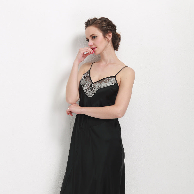 16 Momme Mulberry Silk Lace Black Suspender Long Nightdress