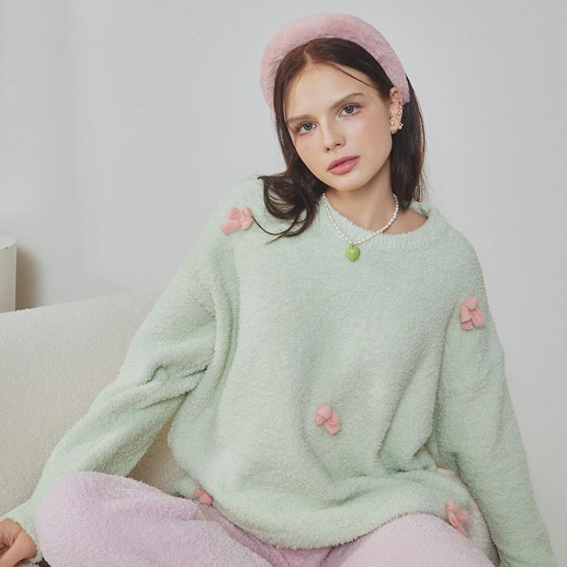 Light Green Bow Half-Pile Flannel Pullover Long Sleeve Trousers Pajamas Set