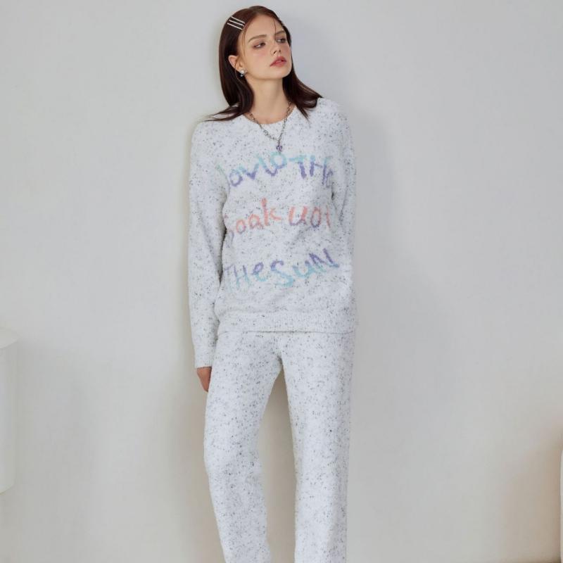 Coloured Letter Embroidery Grey Half-Pile Flannel Pullover Long Sleeve Trousers Pajamas Set