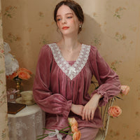 Fuchsia V-Neck Lace Velvet Long Sleeve Trousers Pajamas Set