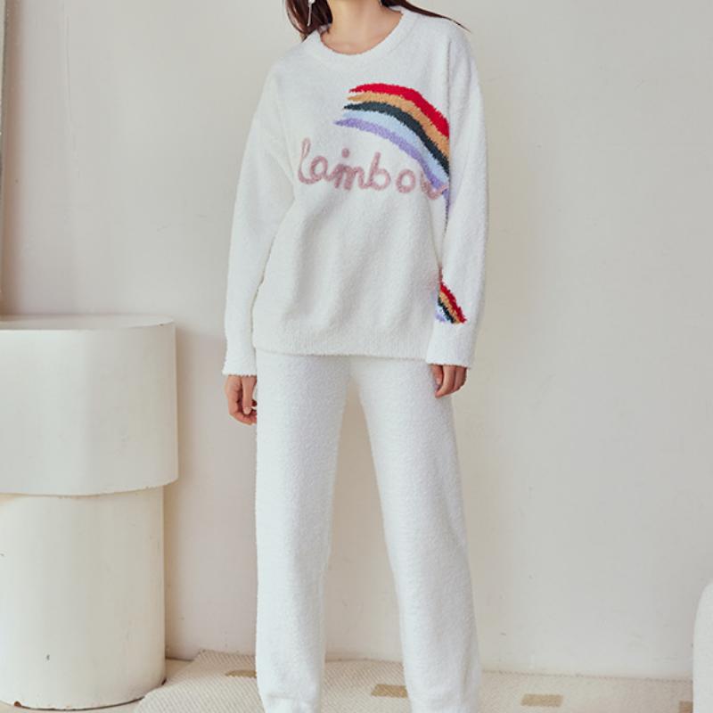 White Rainbow Half-Pile Flannel Pullover Long Sleeve Trousers Pajamas Set