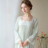 Vintage Lace Square Collar Long-Sleeved Nightdress