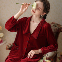 Simple Wine Red Low Neck Velvet Long Sleeve Trousers Pajamas Set