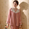 Solid Color V-Neck Floral Lace Velvet Long Sleeve Pants Pajamas Set