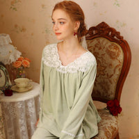 Solid Color V-Neck Floral Lace Velvet Long Sleeve Pants Pajamas Set