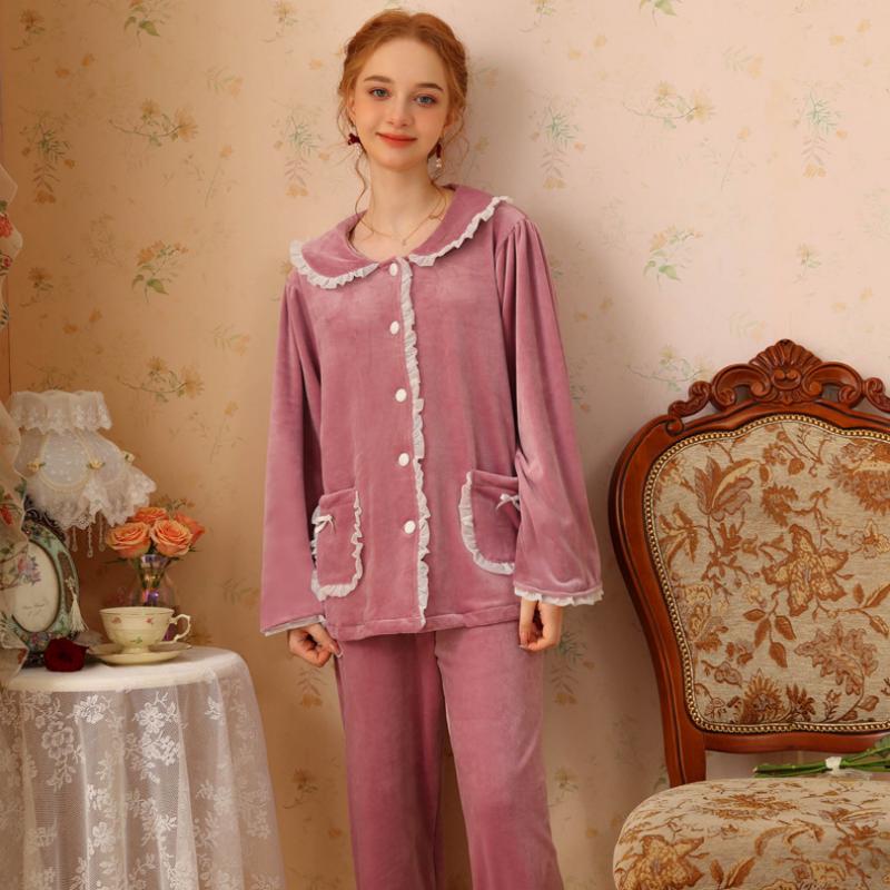 Elegant Lapel Lace Velvet Long Sleeve Trousers Pajama Set