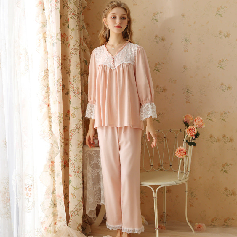 French V-Neck Lace Long-Sleeved Trousers Pajama Set