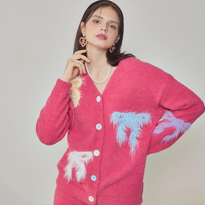 Rose Red Bow Embroidery Half-Pile Flannel Long Sleeve Trousers Pajamas Set