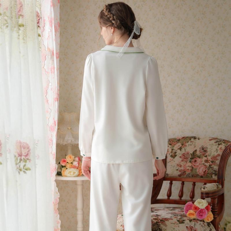 White V-Shaped Low Neck Long Sleeve Pants Pajamas Suit