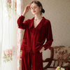 Simple Wine Red Low Neck Velvet Long Sleeve Trousers Pajamas Set