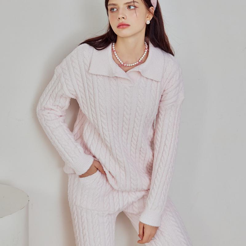 Pink Lapel Half-Pile Flannel Long Sleeve Trousers Pajamas Set