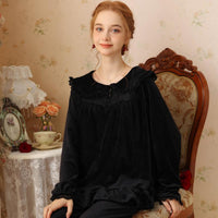 Solid Color Doll Collar Lace Velvet Long Sleeve Pants Pajamas Set