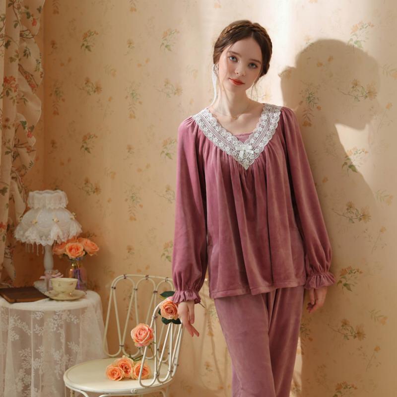 Fuchsia V-Neck Lace Velvet Long Sleeve Trousers Pajamas Set