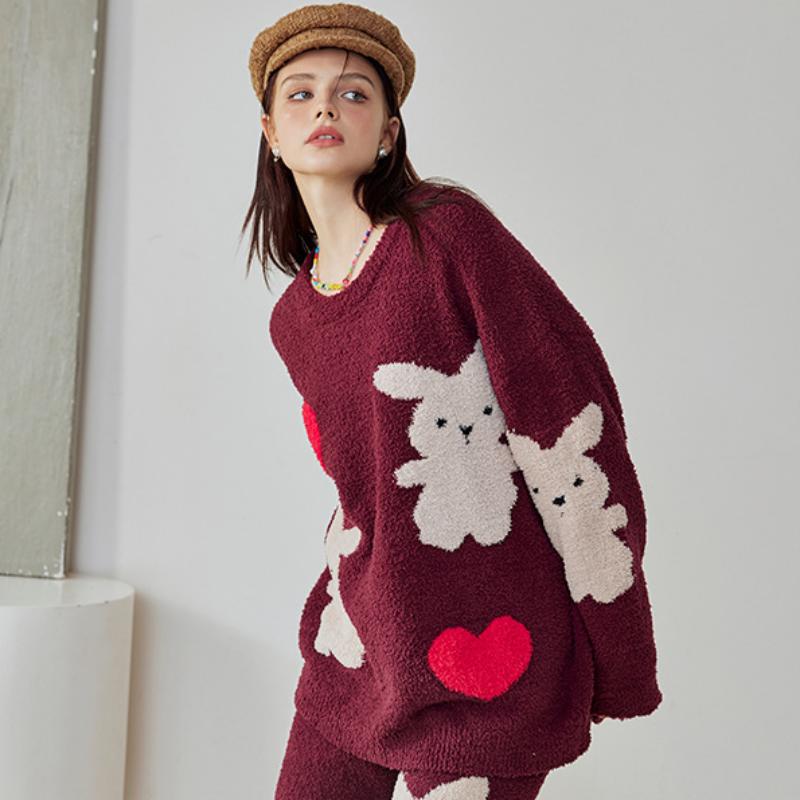 Date Red Heart And Rabbit Half-Pile Flannel Pullover Long-Sleeved Pant Pajamas Set