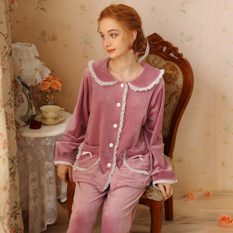 Elegant Lapel Lace Velvet Long Sleeve Trousers Pajama Set