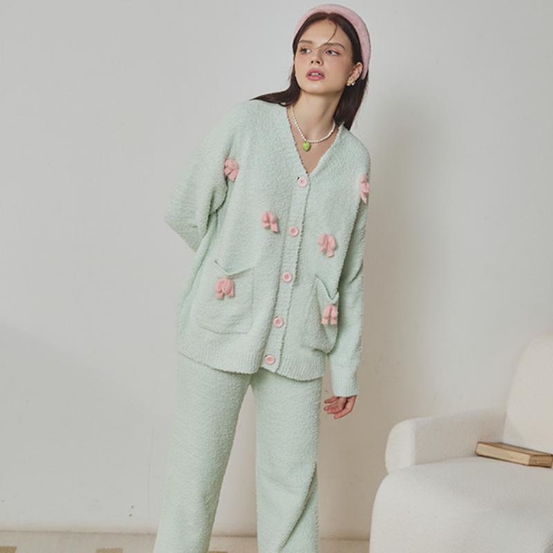 Green Bow Half-Pile Flannel Long Sleeve Trousers Pajamas Set