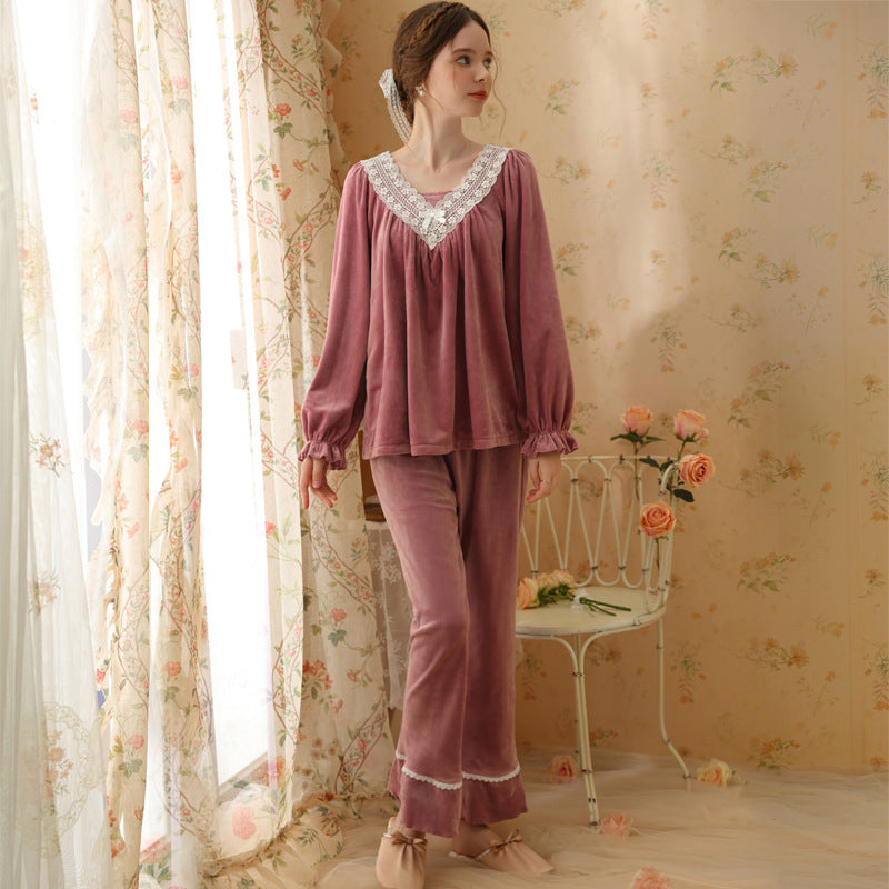 Fuchsia V-Neck Lace Velvet Long Sleeve Trousers Pajamas Set