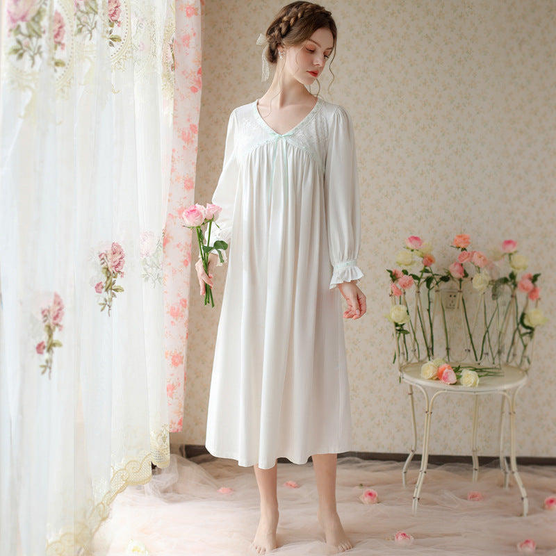 White Elegant V-Neck Bow Ribbon Long Sleeve Cotton Nightdress