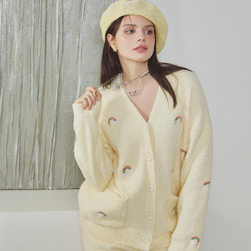 Yellow Rainbow Half-Pile Long Sleeve Trousers Pajamas Set