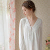 Royal Style Solid Color Lace V-Neck Long-Sleeved Nightdress