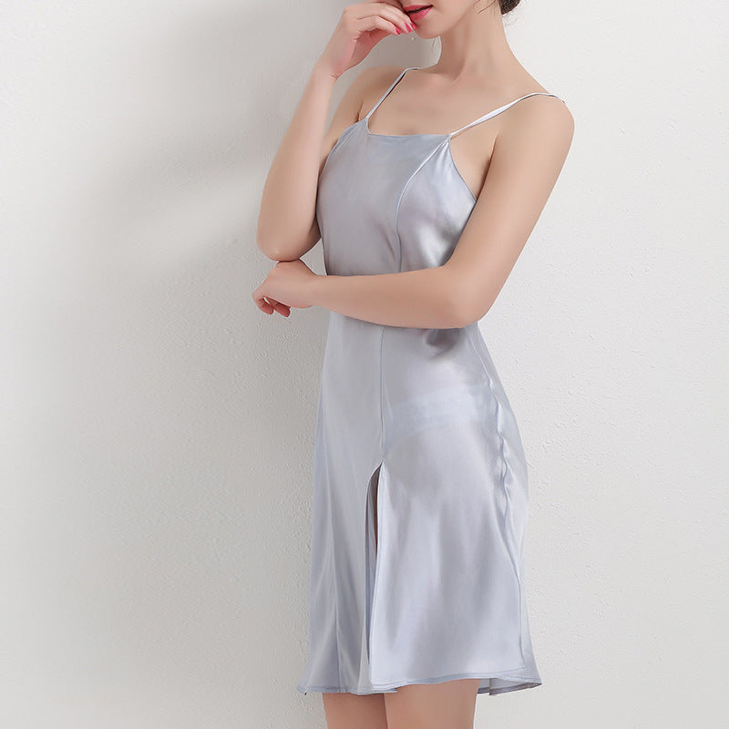 16 Momme Mulberry Silk Silver Blue Simple Suspender Side Slit Nightdress And Camisole Shorts Pajama Set