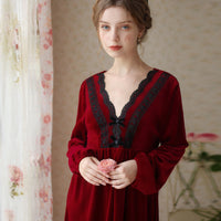 Elegant V-Neck Lace Bow Velvet Long-Sleeved Nightdress