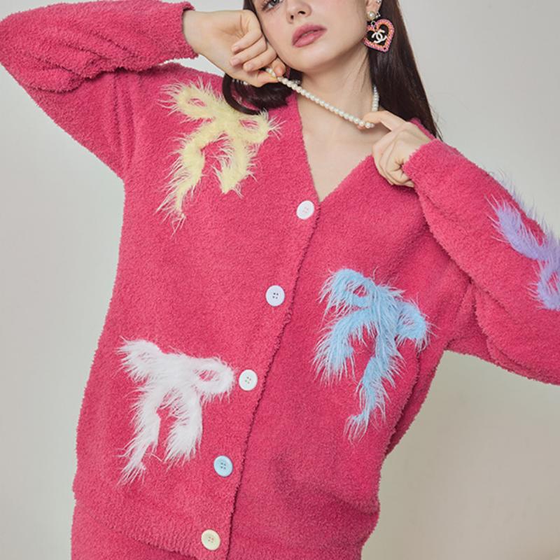 Rose Red Bow Embroidery Half-Pile Flannel Long Sleeve Trousers Pajamas Set