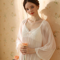 Lace Gauze Bow Long Sleeve Nightdress