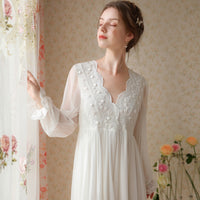 Gauze Lace Long-Sleeved Nightdress With Puff Sleeves