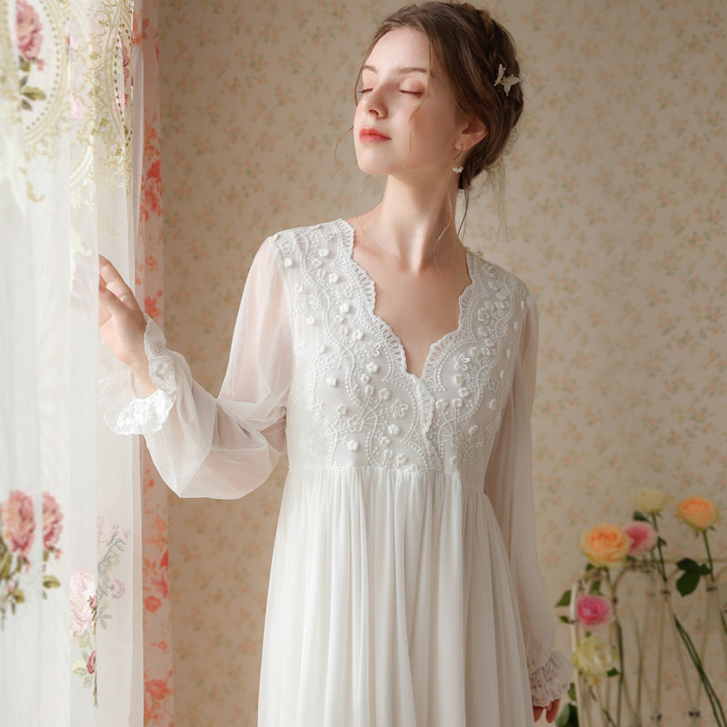 Gauze Lace Long-Sleeved Nightdress With Puff Sleeves