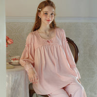 Cute Solid Color Bow Long Sleeve Pants Pajamas Set