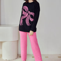 Black Large Bow Half-Pile Flannel Pullover Long Sleeve Trousers Pajamas Set