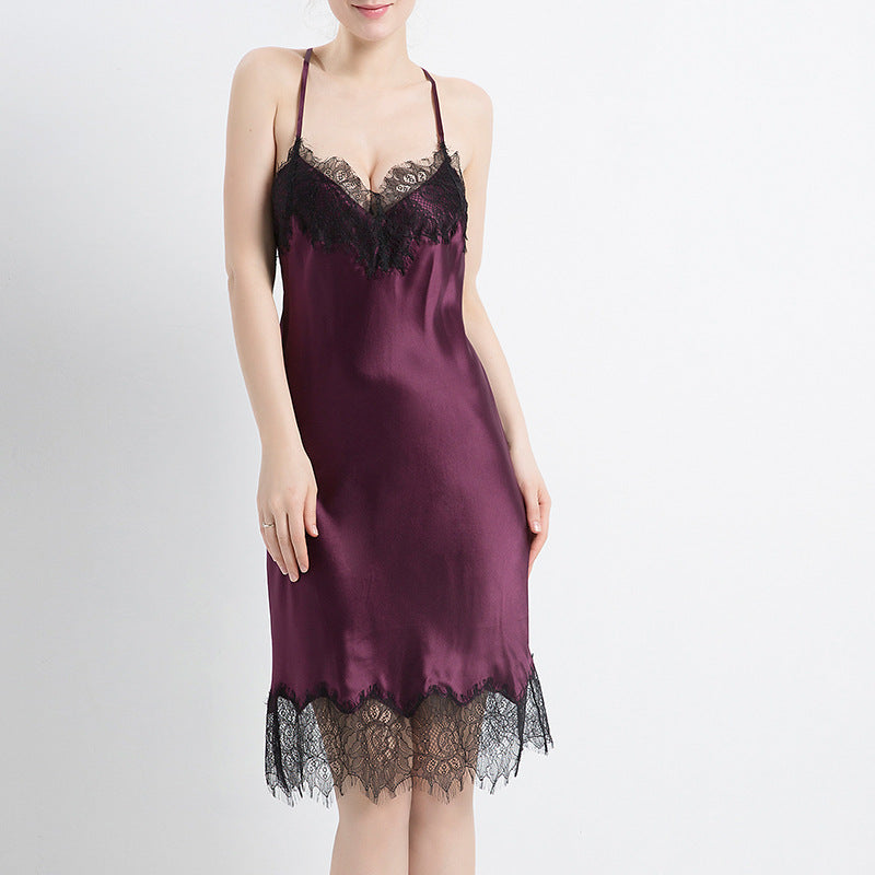 16 Momme Mulberry Silk Black Lace Suspender Nightdress