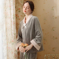 Elegant Grey Velvet Long Sleeve Trousers Pajama Set With Bow