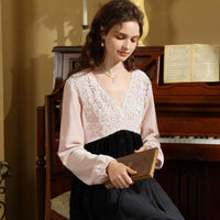 Elegant Princess Style V-Neck Velvet Long-Sleeved Nightdress