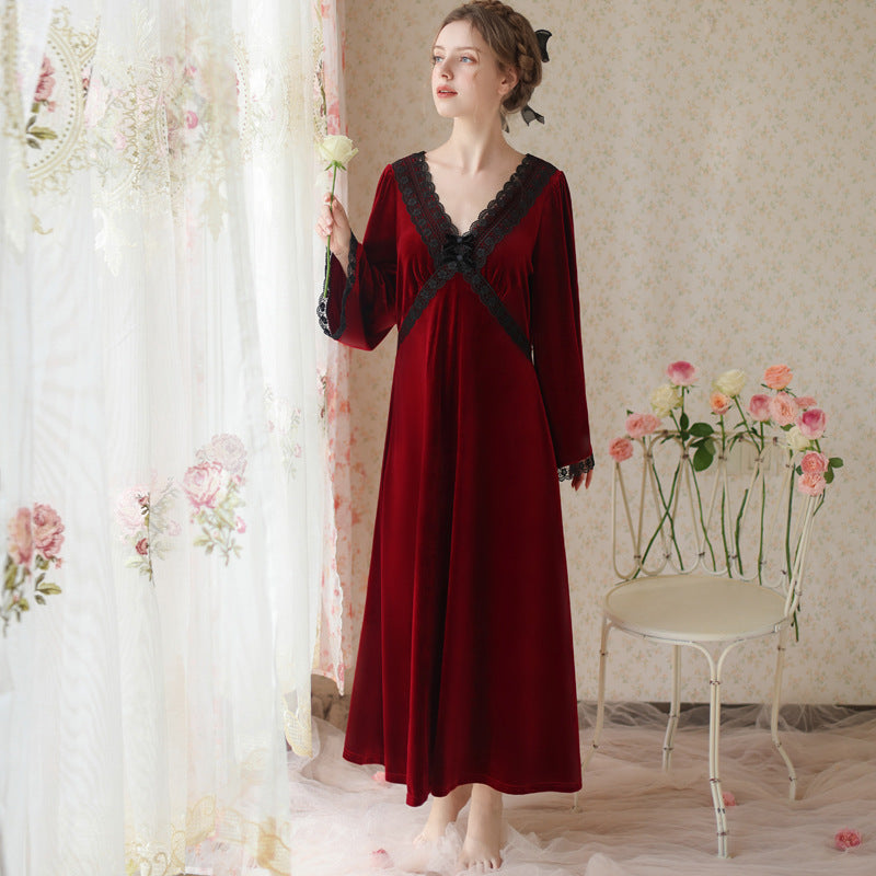 Lace Velvet Long-Sleeved Nightdress With Flared Sleeves