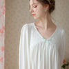 White Elegant V-Neck Bow Ribbon Long Sleeve Cotton Nightdress