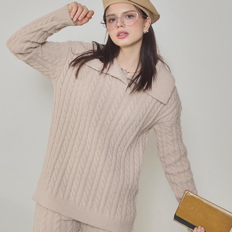 khaki Lapel Half-Pile Flannel Long Sleeve Trousers Pajamas Set