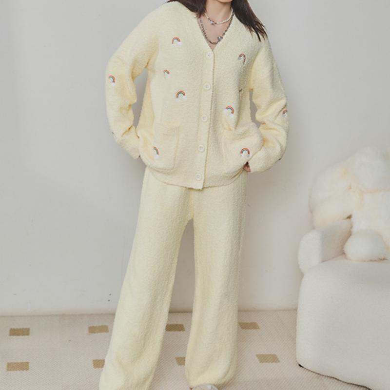 Yellow Rainbow Half-Pile Long Sleeve Trousers Pajamas Set