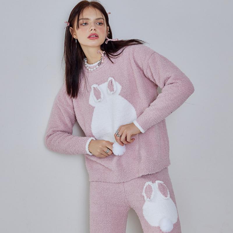 Pink Back of rabbit Half-Pile Flannel Pullover Long Sleeve Trousers Pajamas Set