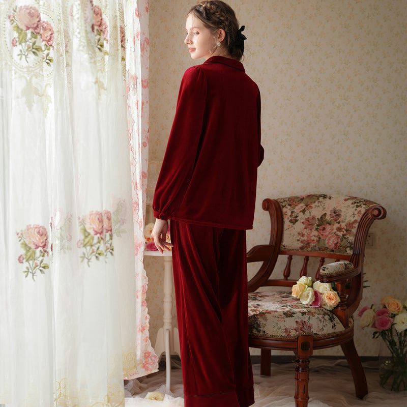 Simple Wine Red Low Neck Velvet Long Sleeve Trousers Pajamas Set