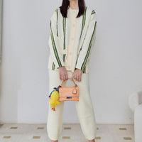 Yellow Stripe Half-Pile Long Sleeve Trousers Pajamas Set