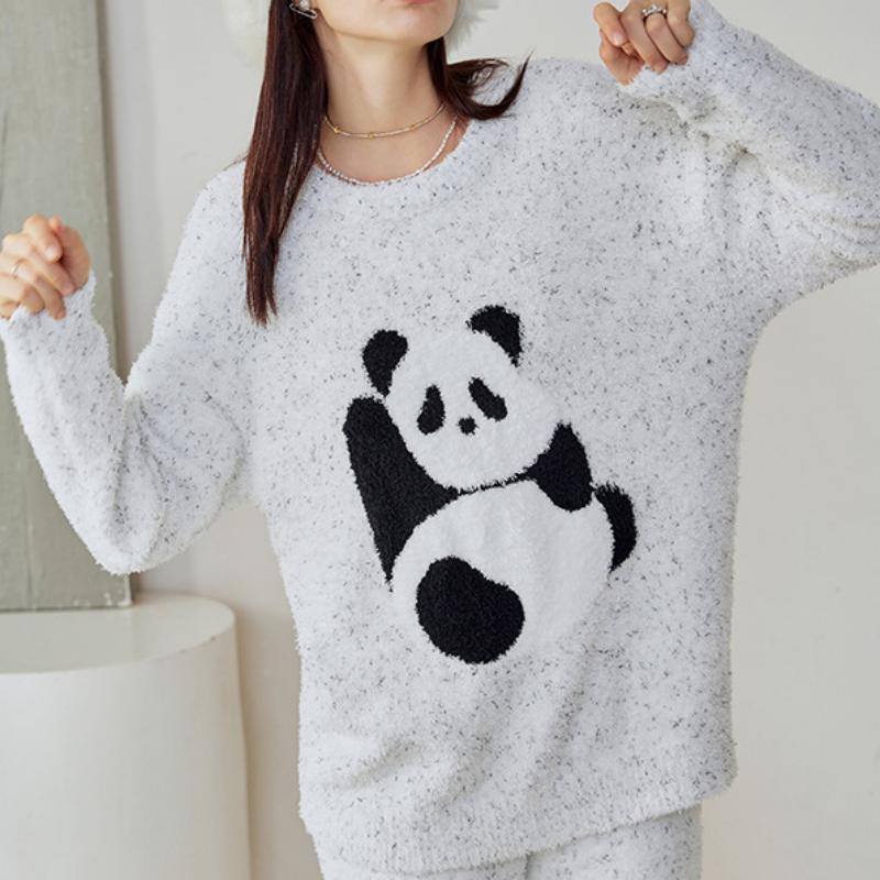 Grey Panda Half-Pile Flannel Pullover Long-Sleeved Pant Pajamas Set