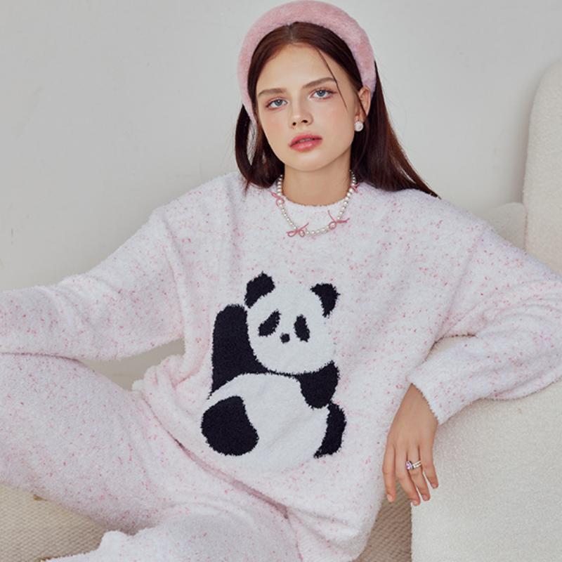 Pink Panda Half-Pile Flannel Pullover Long-Sleeved Pant Pajamas Set