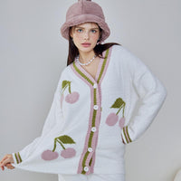 White Cherry Half-Pile Long Sleeve Trousers Pajamas Set