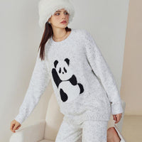 Grey Panda Half-Pile Flannel Pullover Long-Sleeved Pant Pajamas Set