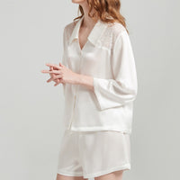 19 Momme Mulberry Silk Lace Three-Quarter Sleeves Shorts Pajamas Set