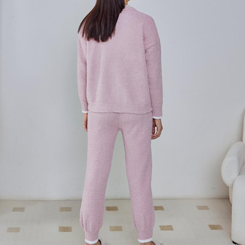 Pink Back of rabbit Half-Pile Flannel Pullover Long Sleeve Trousers Pajamas Set