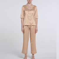 19 Momme Mulberry Silk Orange Half Sleeve Trousers Pajamas Set