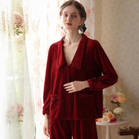 Simple Wine Red Low Neck Velvet Long Sleeve Trousers Pajamas Set